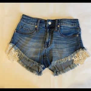 Lace trim denim shorts